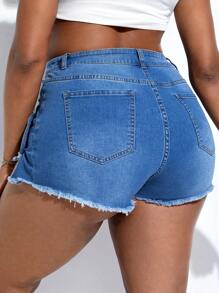 SHEIN SXY Quần short denim oversized Nút Túi Hem thô màu trơn - Rửa nhẹ - Xem 2