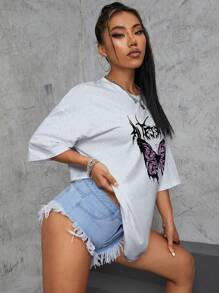 SHEIN EZwear Áo thun nữ Lá thư Loại bướm Giải trí - Màu Xám nhạt - Xem 4