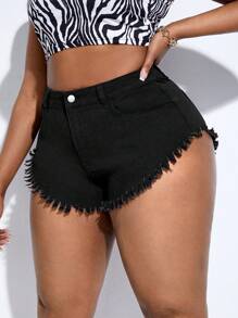 SHEIN SXY 大碼毛邊緣牛仔短褲 - 黑色 - 查看 1