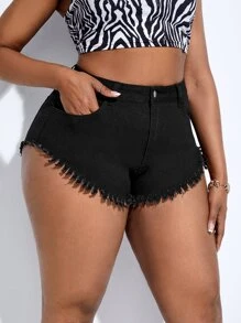 SHEIN SXY 大碼毛邊緣牛仔短褲 - 黑色 - 查看 3