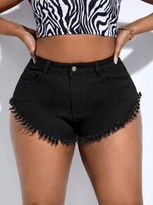 SHEIN SXY 大碼毛邊緣牛仔短褲 - 黑色 - 查看 4