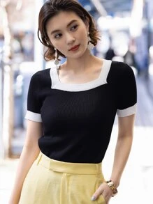 DAZY Top de punto ribete en contraste de cuello cuadrado - Negro - Ver 4