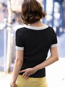 DAZY Top de punto ribete en contraste de cuello cuadrado - Negro - Ver 2