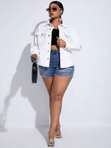 SHEIN Essnce Cazadora mezclilla con bolsillo con solapa de hombros caídos - Blanco - Ver 3