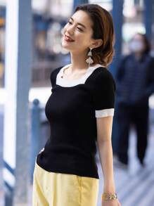 DAZY Top de punto ribete en contraste de cuello cuadrado - Negro - Ver 1