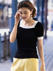 DAZY Top de punto ribete en contraste de cuello cuadrado - Negro - Ver 5