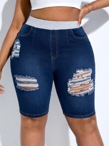 SHEIN SXY 大碼高腰破洞牛仔短褲 - 深色水洗藍 - 查看 1