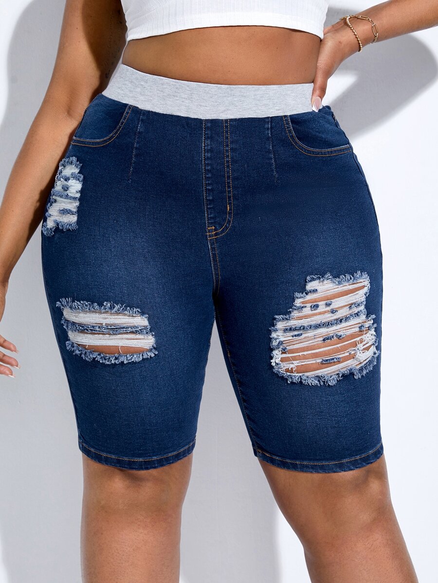 SHEIN SXY 大碼高腰破洞牛仔短褲 - 深色水洗藍 - 查看 1