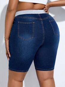 SHEIN SXY 大碼高腰破洞牛仔短褲 - 深色水洗藍 - 查看 3