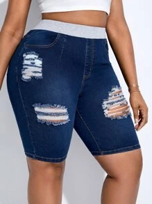 SHEIN SXY 大碼高腰破洞牛仔短褲 - 深色水洗藍 - 查看 2