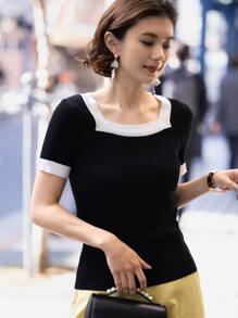 DAZY Top de punto ribete en contraste de cuello cuadrado - Negro - Ver 7