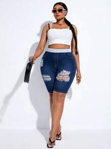 SHEIN SXY 大碼高腰破洞牛仔短褲 - 深色水洗藍 - 查看 4