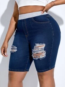 SHEIN SXY 大碼高腰破洞牛仔短褲 - 深色水洗藍 - 查看 5