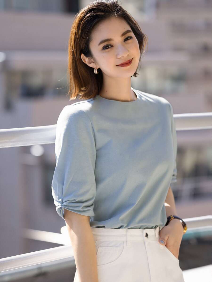 DAZY Chất rắn Tay áo có gãy Áo thun - Màu xanh nhạt - Xem 1