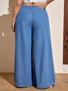 SHEIN Frenchy 大碼高腰闊腿牛仔褲 - 淺色水洗藍 - 查看 3