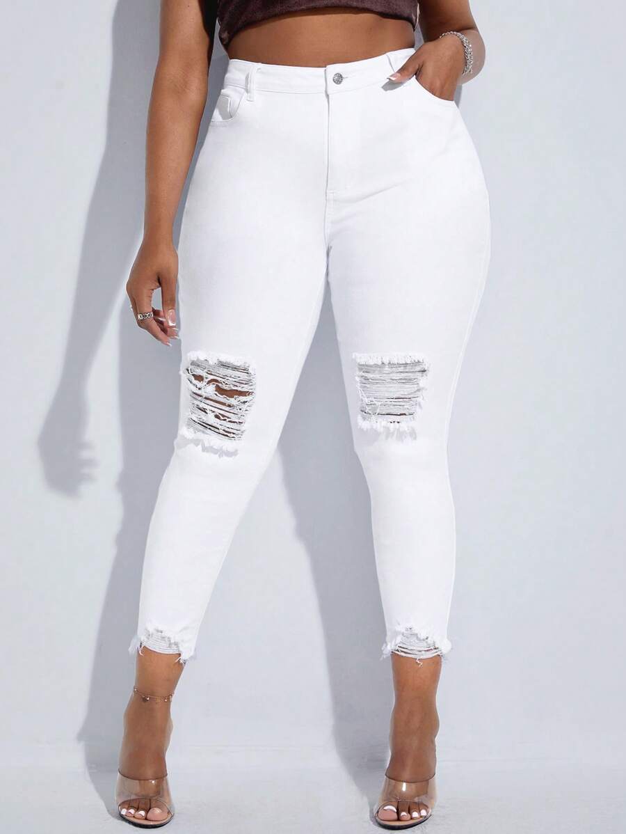 SHEIN SXY Plus High Waist Ripped Raw Hem Skinny Cropped Jeans - White - View 1