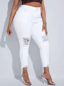 SHEIN SXY Plus High Waist Ripped Raw Hem Skinny Cropped Jeans - White - View 3