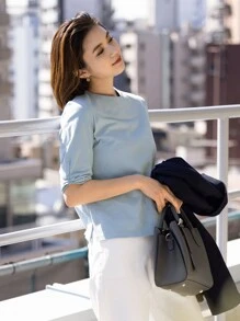 DAZY Chất rắn Tay áo có gãy Áo thun - Màu xanh nhạt - Xem 9