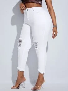 SHEIN SXY Plus High Waist Ripped Raw Hem Skinny Cropped Jeans - White - View 5