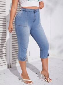 SHEIN Essnce Knapp Ficka Dragkedja Enkel Plus Size Jeans - Ljustvätt - Visa 1