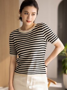 DAZY 1件條紋圖案針織上衣 - 彩色 - 查看 3