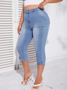 SHEIN Essnce Knapp Ficka Dragkedja Enkel Plus Size Jeans - Ljustvätt - Visa 3