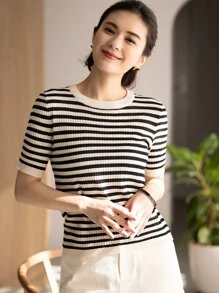 DAZY 1件條紋圖案針織上衣 - 彩色 - 查看 4