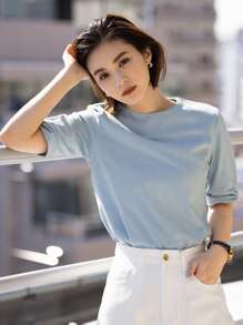 DAZY Chất rắn Tay áo có gãy Áo thun - Màu xanh nhạt - Xem 8