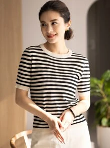 DAZY 1件條紋圖案針織上衣 - 彩色 - 查看 5