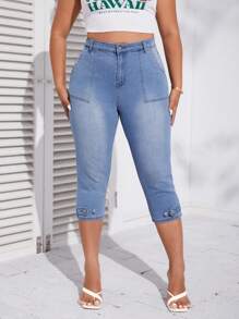 SHEIN Essnce Knapp Ficka Dragkedja Enkel Plus Size Jeans - Ljustvätt - Visa 4