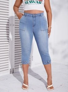 SHEIN Essnce Knapp Ficka Dragkedja Enkel Plus Size Jeans - Ljustvätt - Visa 5