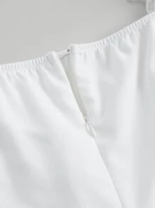 SHEIN MOD 胸部褶皺前繫帶泡泡袖連衣裙 - 白色 - 查看 3