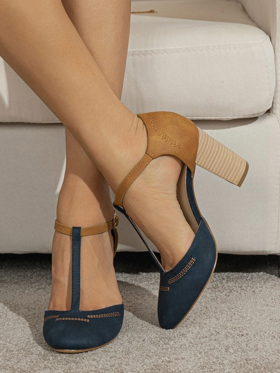女士頂針設計雙色尖頭粗跟時尚仿麂皮踝帶高跟單鞋 - 藏蓝色 - 查看 1