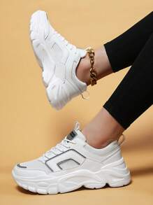 女士反光細節字母圖案前綁帶運動鞋,運動白色網紗老爹鞋適用於戶外 - 白色 - 查看 4