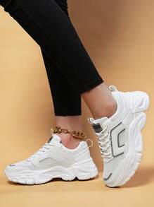 女士反光細節字母圖案前綁帶運動鞋,運動白色網紗老爹鞋適用於戶外 - 白色 - 查看 5