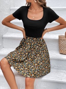 SHEIN LUNE 碎花大圓領洋裝不附腰帶 - 黃色 - 查看 3