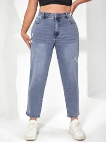 SHEIN EZwear Plus Slant Pocket Ripped Mom Fit Jeans - Light Wash - View 1