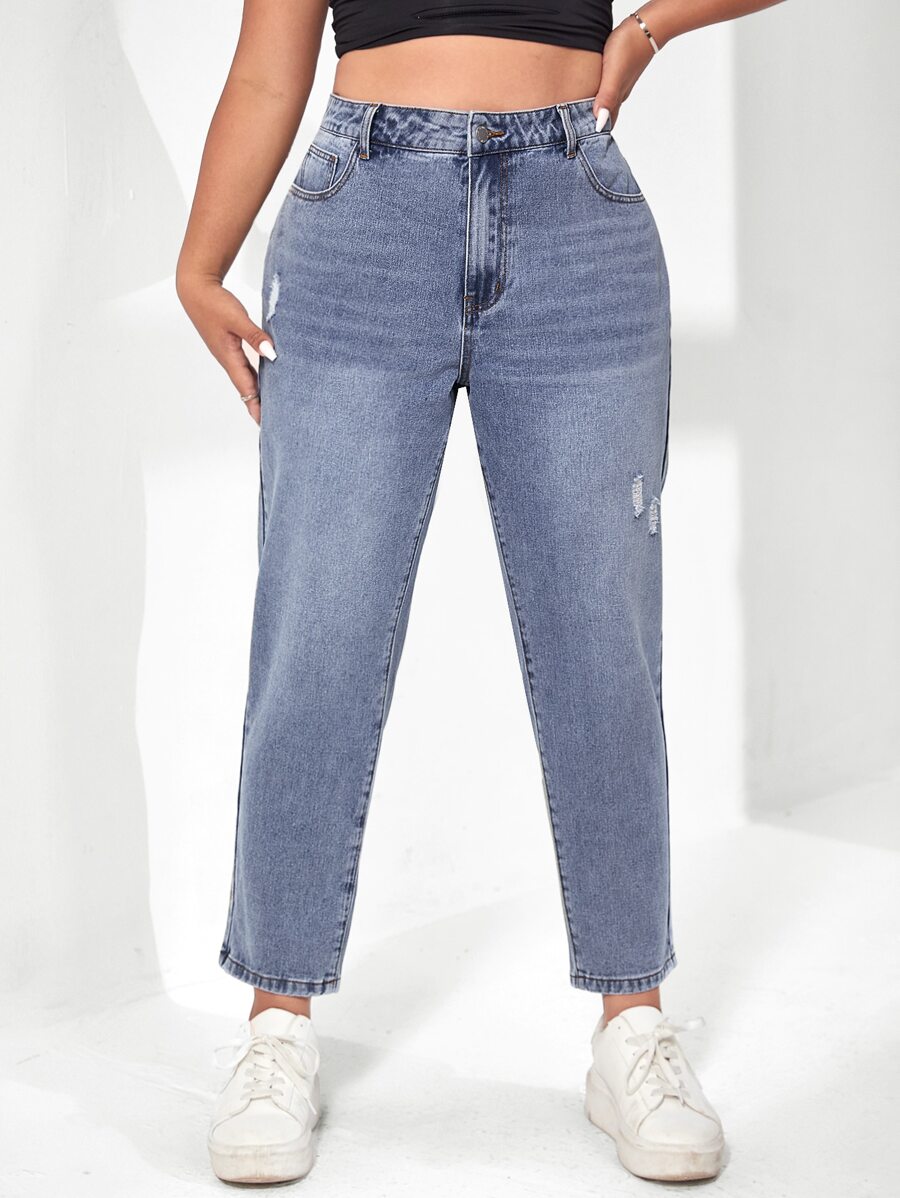 SHEIN EZwear Plus Slant Pocket Ripped Mom Fit Jeans - Light Wash - View 1