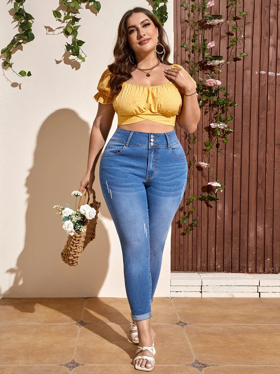 Jeans ajustados desgarro de talle alto - Azul lavado medio - Ver 1