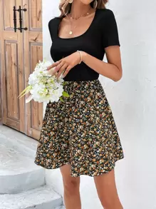 SHEIN LUNE 碎花大圓領洋裝不附腰帶 - 黃色 - 查看 6