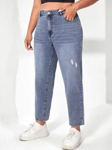 SHEIN EZwear Plus Slant Pocket Ripped Mom Fit Jeans - Light Wash - View 3