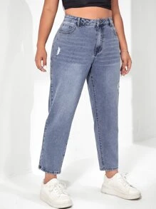 SHEIN EZwear Plus Slant Pocket Ripped Mom Fit Jeans - Light Wash - View 4