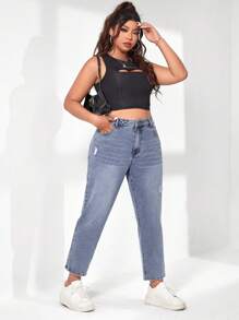 SHEIN EZwear Plus Slant Pocket Ripped Mom Fit Jeans - Light Wash - View 5