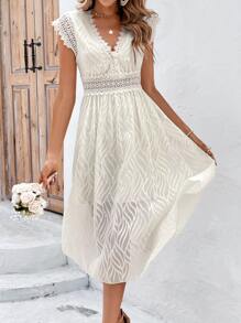 SHEIN Frenchy Đầm Tương phản ren Dây kéo màu trơn Giải trí - Màu be - Xem 3