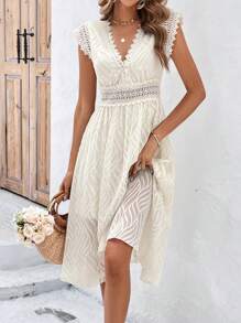 SHEIN Frenchy Đầm Tương phản ren Dây kéo màu trơn Giải trí - Màu be - Xem 1