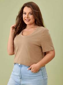 SHEIN BASICS 大碼純色圓領t恤 - 卡其色 - 查看 5