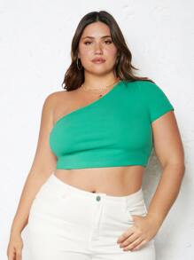 SHEIN BASICS 大尺碼單肩短袖條紋t恤 - 綠色 - 查看 1