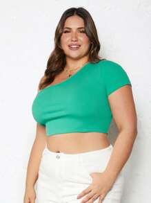 SHEIN BASICS 大尺碼單肩短袖條紋t恤 - 綠色 - 查看 4