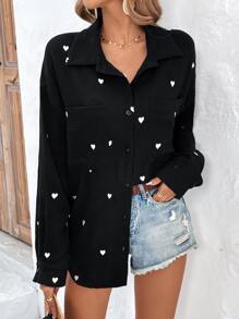 SHEIN Frenchy Áo sơ mi nữ Túi Nút phía trước Tim Giải trí - màu đen - Xem 1