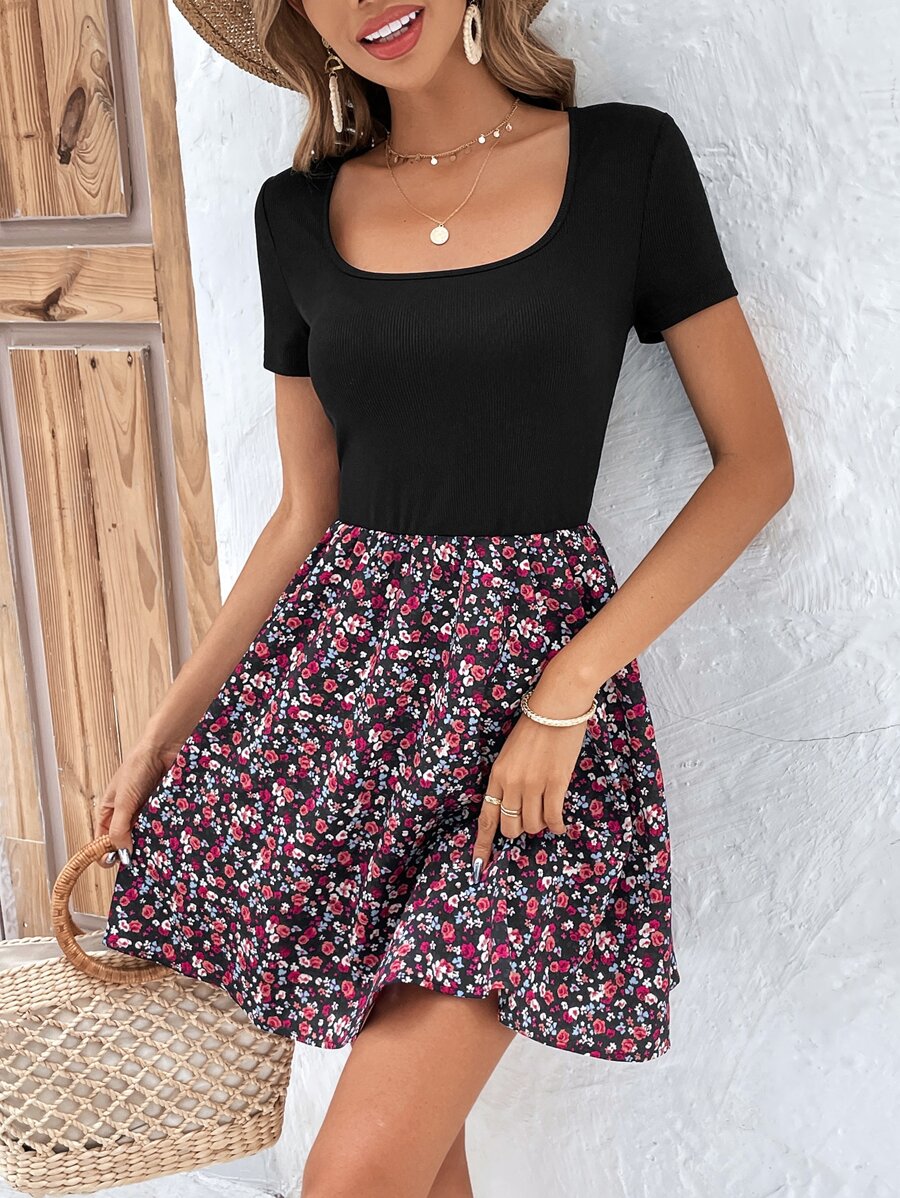 SHEIN LUNE 碎花大圓領連衣裙 - 粉色 - 查看 1